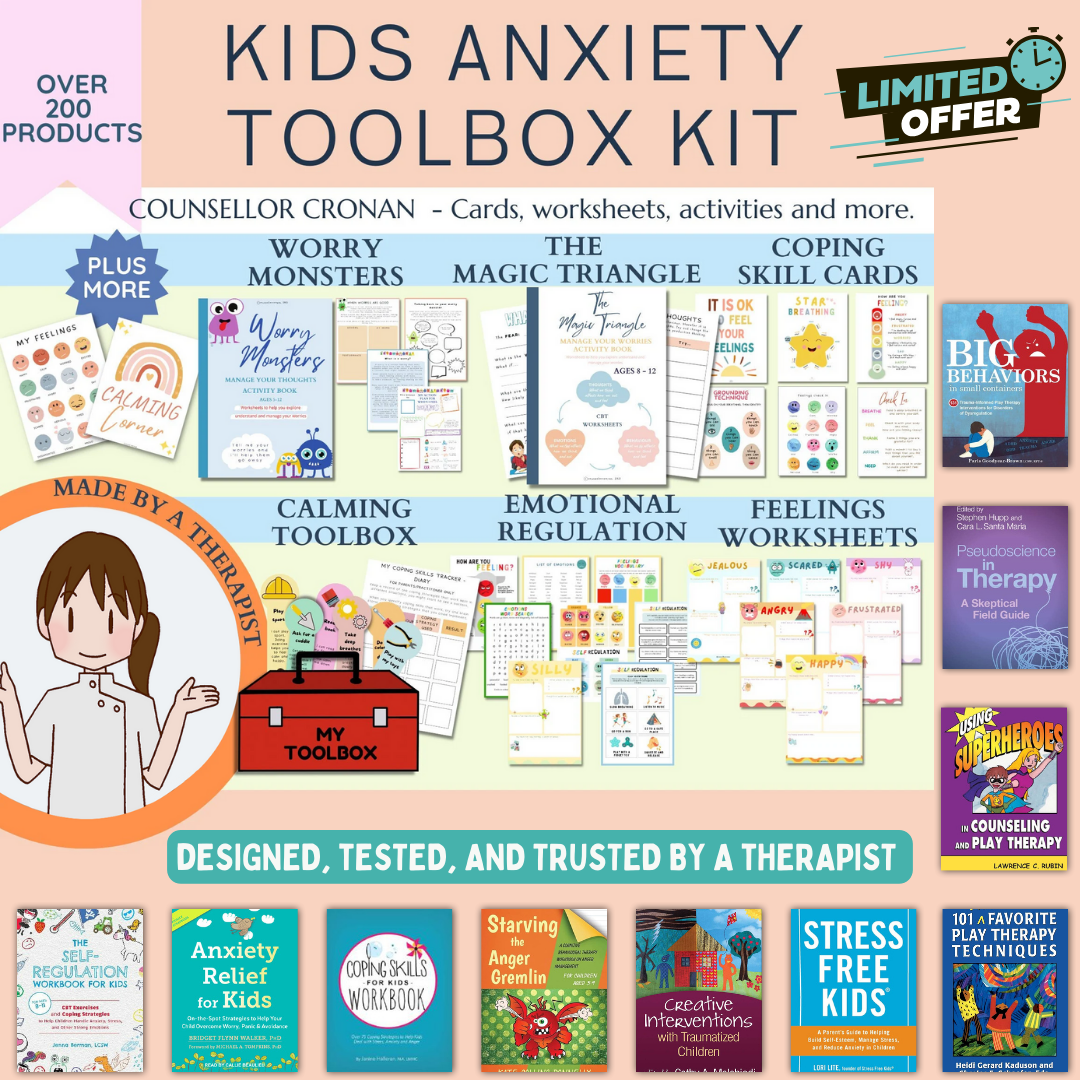 90% off kids anxiety toolbox bundle, therapy bundle, calm down strategies, anxiety techniques, grounding strategies, anxiety worksheets, SEL +10 Ebooks